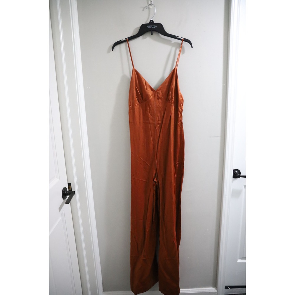 We Wore What Rust Orange‎ Jumpsuit Sleeveless Wide Leg V Neck Silky Size S